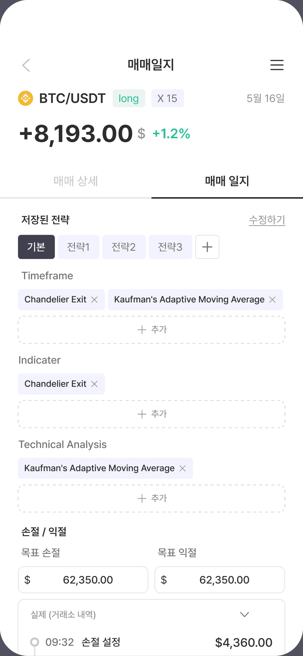 매매일지 상세 — 전략·지표 기록과 손절/익절 설정